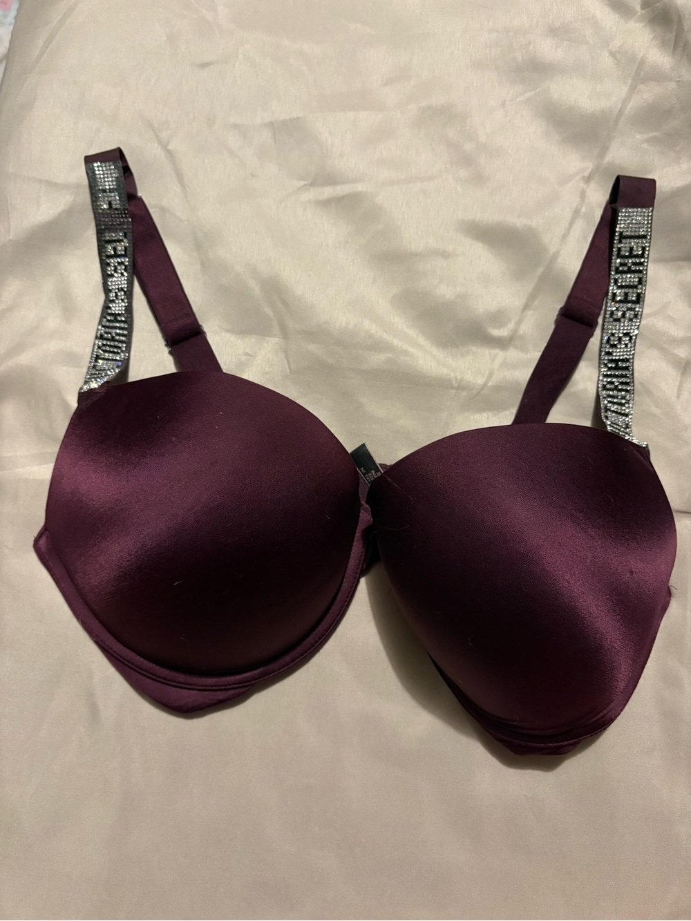 Victoria's Secret Satin Push-Up Bra in Plum with Rhinestone Logo Straps